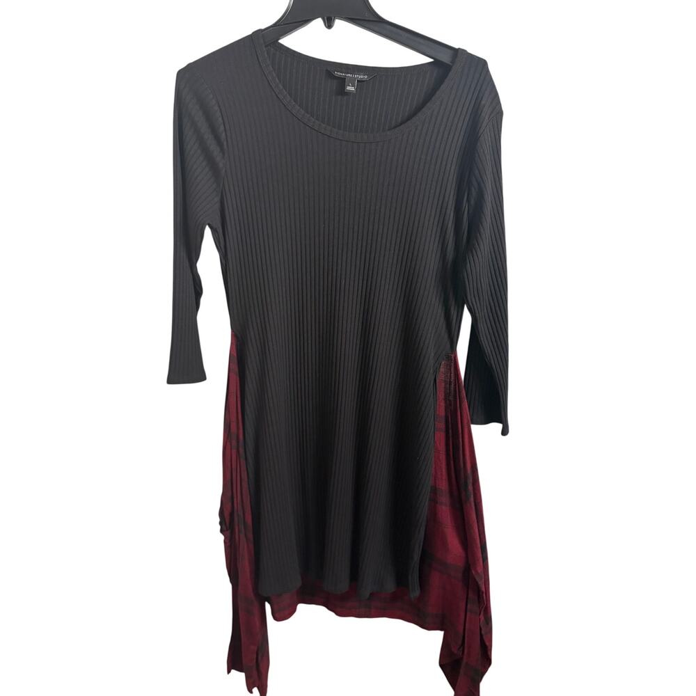 Ribbed‎ Tunic Top L Black Plaid Handkerchief Hem 3/4 Sleeve Stretch Goth Witchy